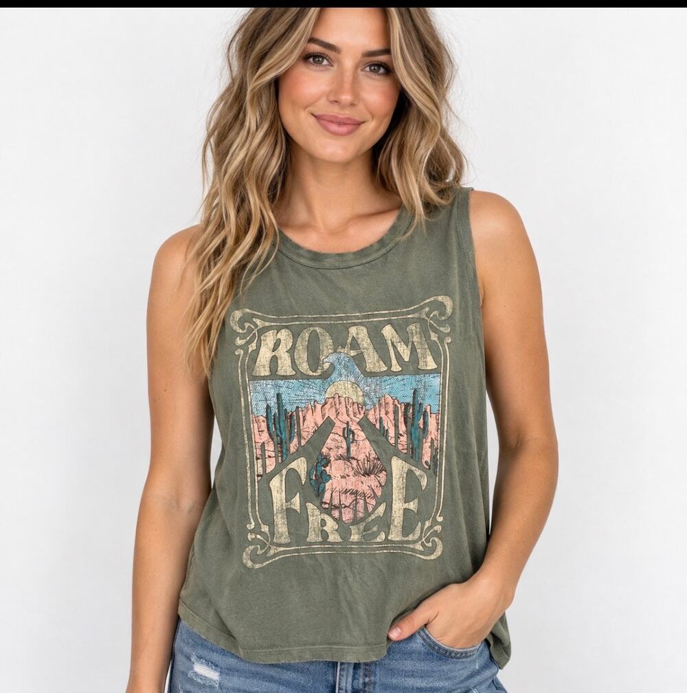 Zutter Women’s L Roam Free Desert Graphic Muscle Tank Olive Green Western